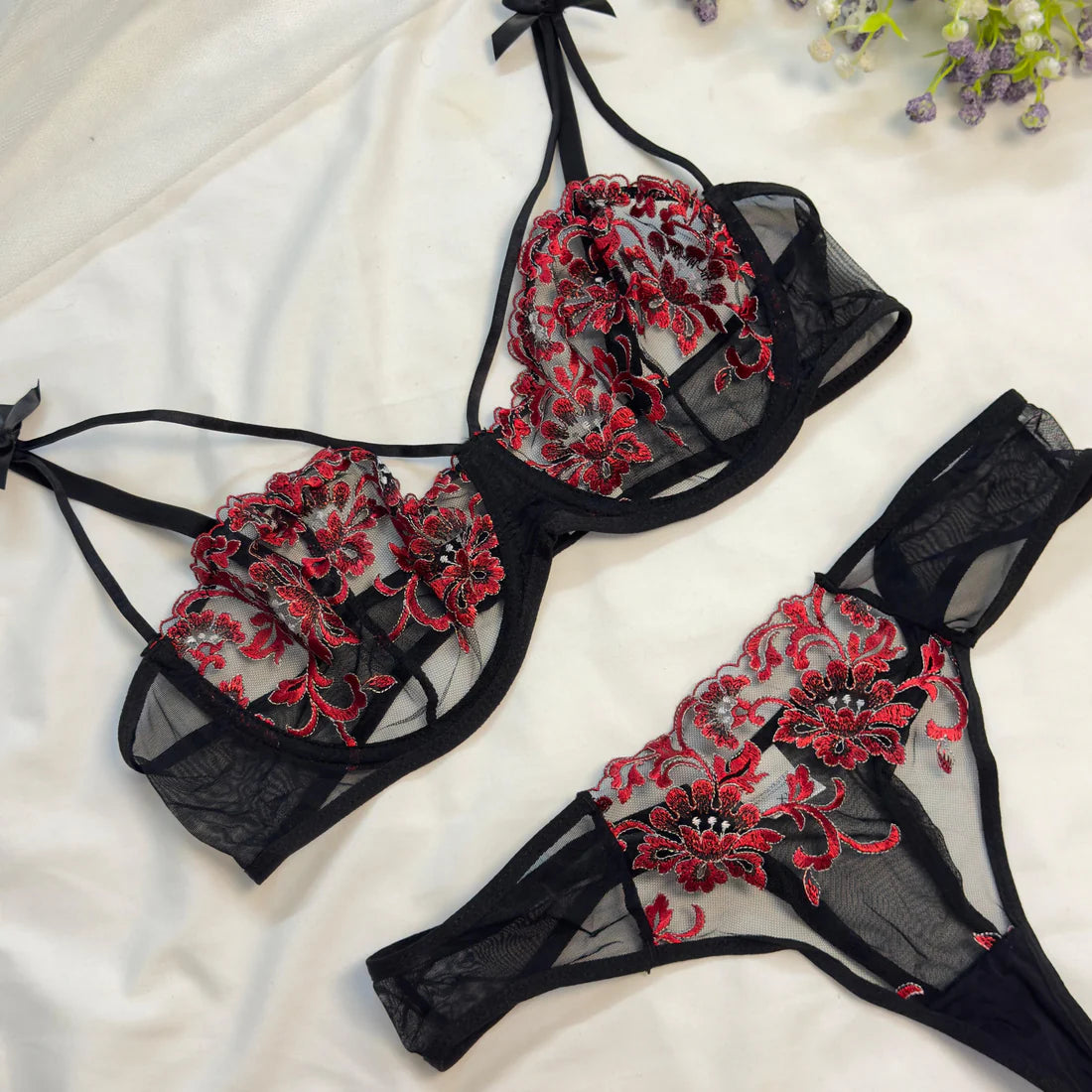 Black Embroidered Net Bra Set